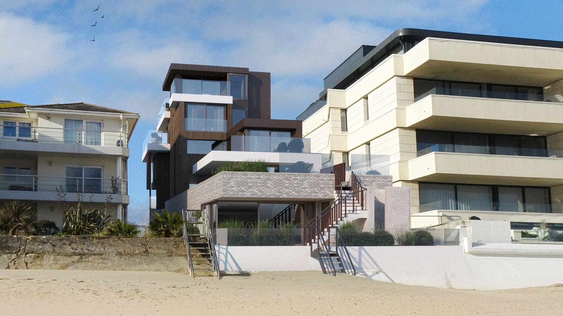 View from the beach of a luxury contemporary home featuring multiple levels, large glass balconies, landscaped terraces, and a high-quality flat roof system